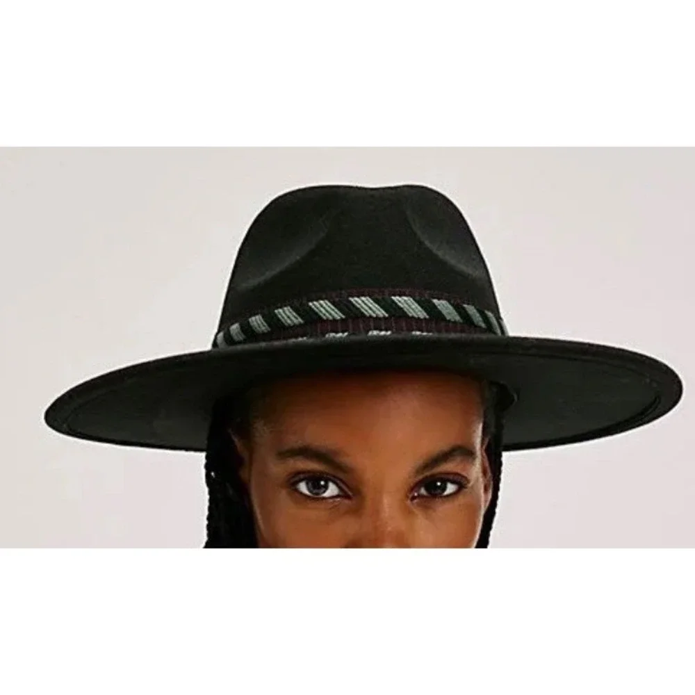 Free People Black Wide Brim Fedora Hat Woven Geometric Band Wool Blend OS